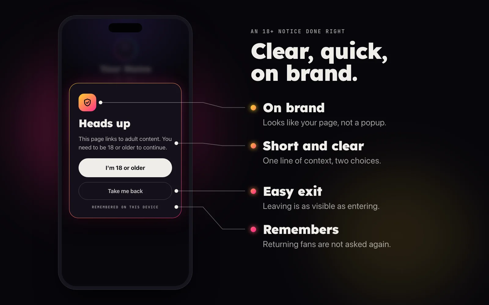 Phone mockup of an on brand 18+ notice over a blurred link hub, with a short warning, an I'm 18 or older button and a Take me back button