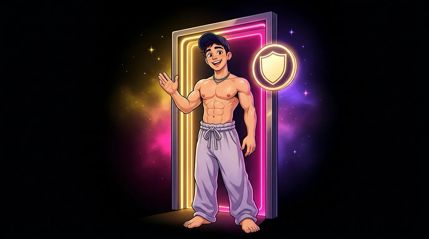Cartoon of Max, the MaxxxSites mascot, standing in a glowing doorway with a shield badge and waving visitors in