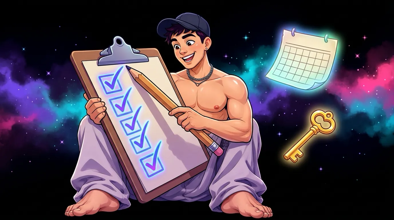 Cartoon of Max, the MaxxxSites mascot, ticking off a clipboard checklist with a giant pencil while a calendar and a gold key float nearby