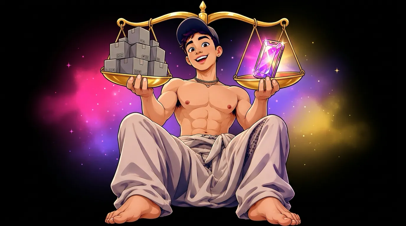 Cartoon of Max, the MaxxxSites mascot, balancing a golden scale with a pile of plain boxes on one side and a single glowing phone on the other