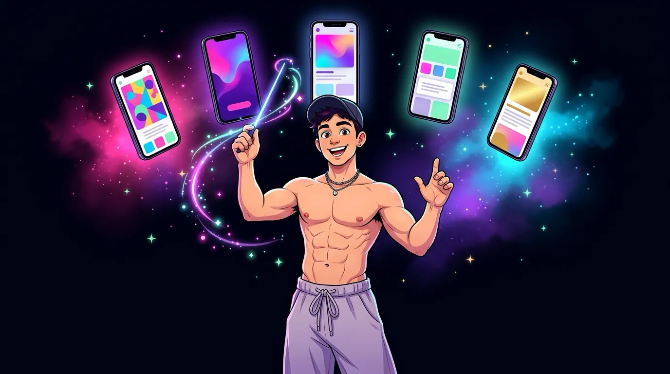 Cartoon of Max, the MaxxxSites mascot, conducting five floating phones with a glowing baton, each phone showing a different custom creator site