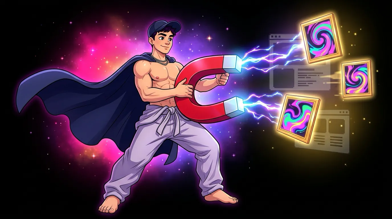 Cartoon of Max, the MaxxxSites mascot, wearing a cape and using a giant magnet to pull stolen artwork back out of leak site windows