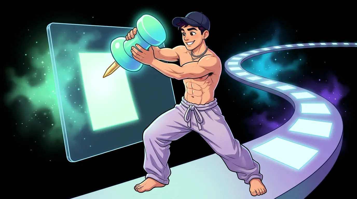 Cartoon of Max, the MaxxxSites mascot, pressing a giant thumbtack into a glowing post beside a feed that winds off into space