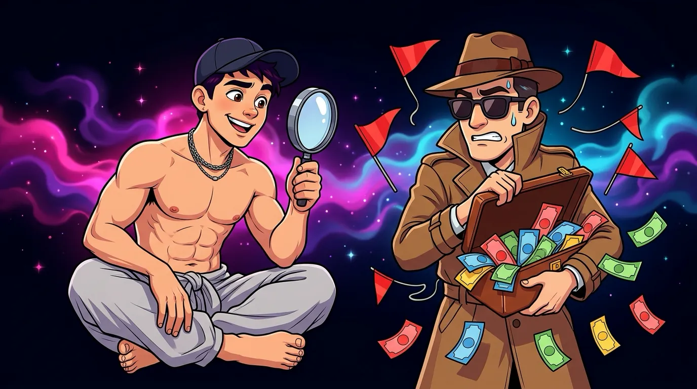 Cartoon of Max, the MaxxxSites mascot, studying a sweating agent in a trench coat through a magnifying glass while red flags and cash fly out of the agent's briefcase