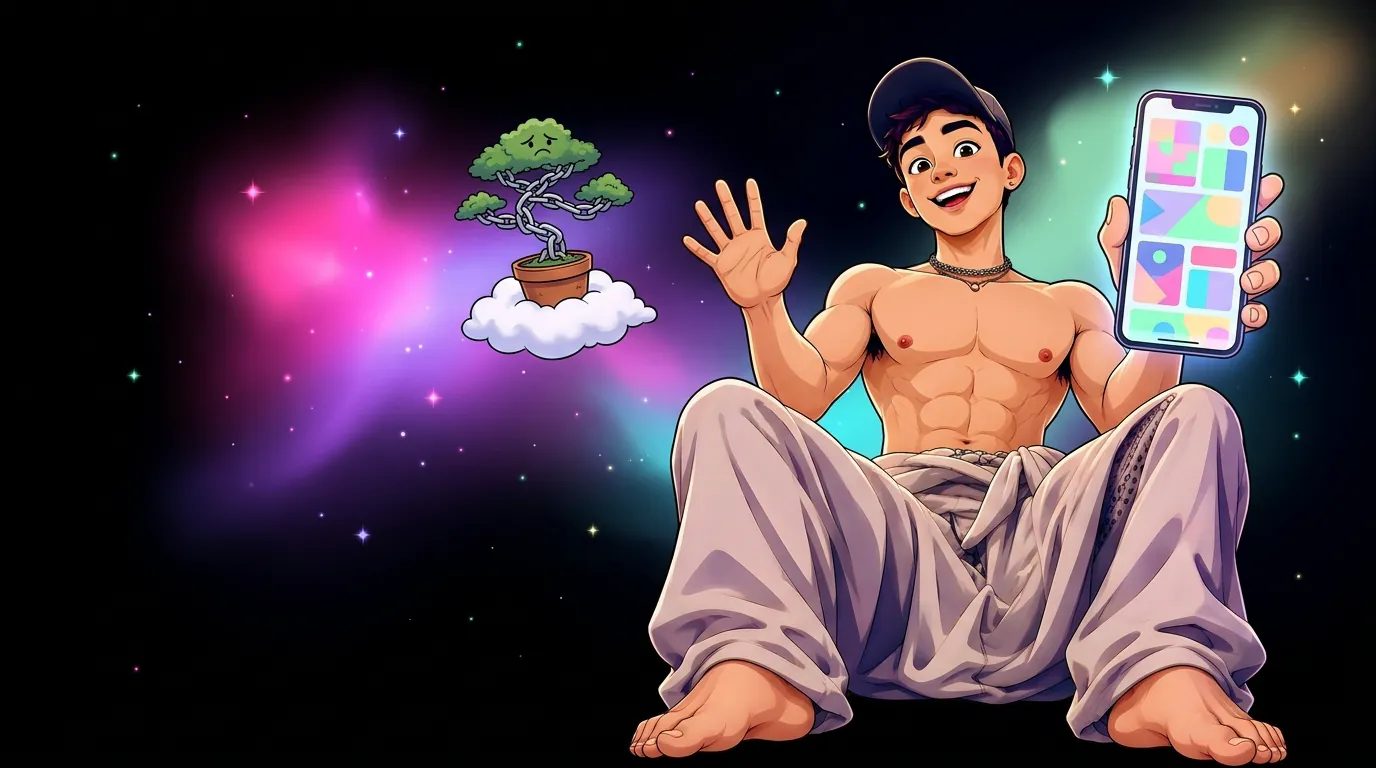 Cartoon of Max, the MaxxxSites mascot, waving goodbye to a wilting bonsai made of chain links while holding up a phone with a custom link hub