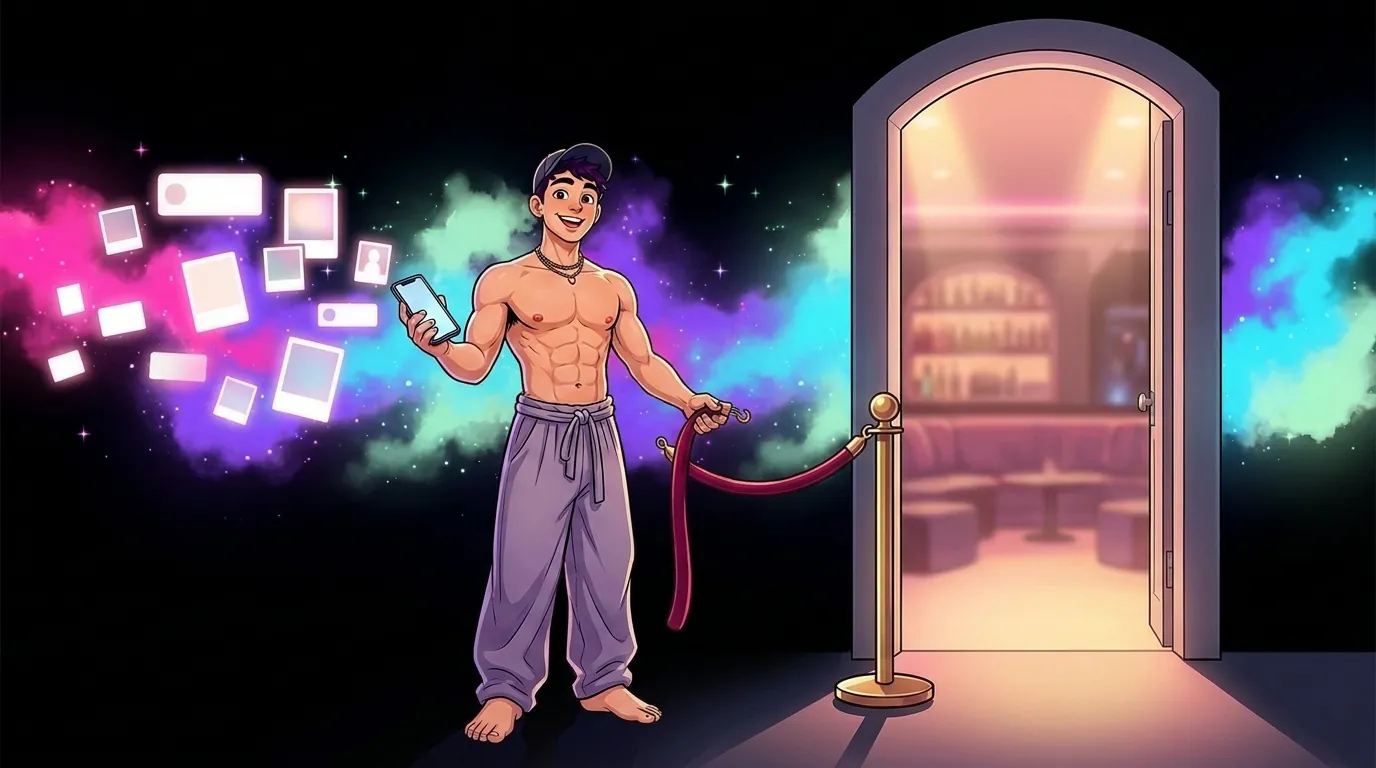 Cartoon of Max, the MaxxxSites mascot, holding a phone and opening a velvet rope to a private lounge while social posts drift in from the side