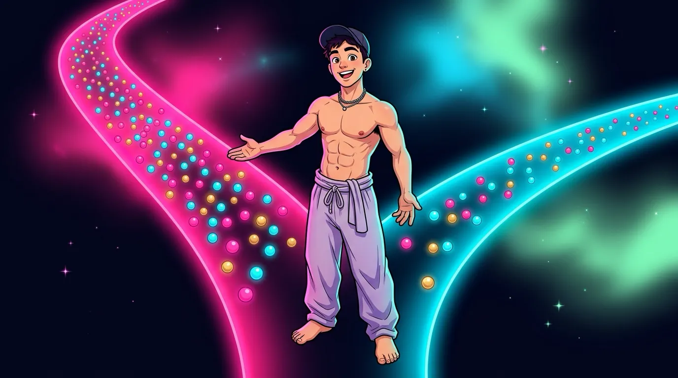 Cartoon of Max, the MaxxxSites mascot, standing between two glowing streams of fans, one pink and one cyan