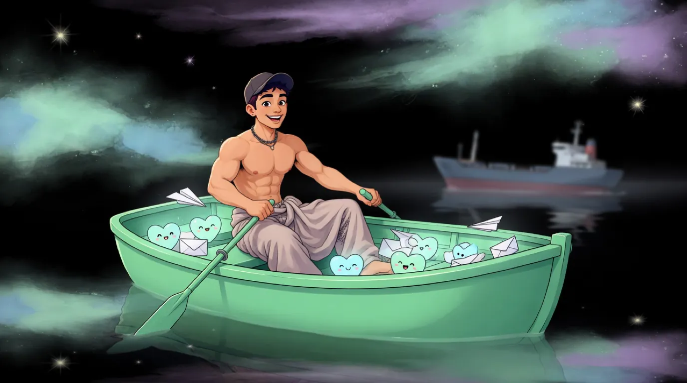 Cartoon of Max, the MaxxxSites mascot, rowing a mint lifeboat full of smiling hearts, blank envelopes and paper airplanes, with a dull cargo ship sinking far behind him