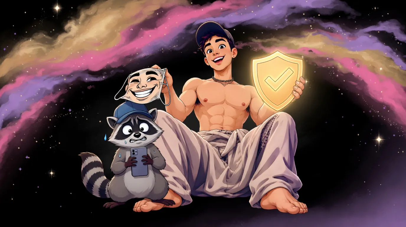 Cartoon of Max, the MaxxxSites mascot, lifting a paper copy of his grin off a nervous raccoon in a knockoff cap, while holding a gold shield with a check mark