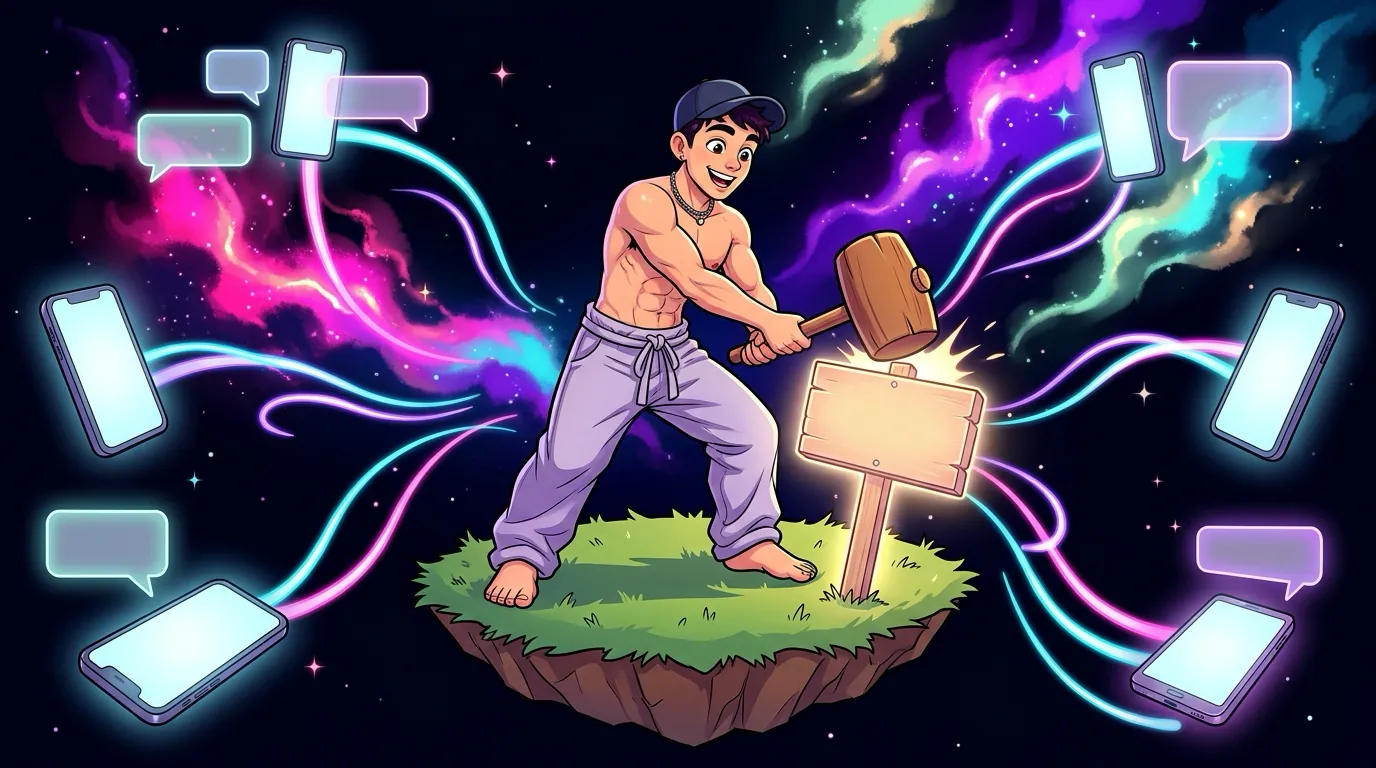 Cartoon of Max, the MaxxxSites mascot, hammering a signpost into a floating island while phones and messages stream in from every side