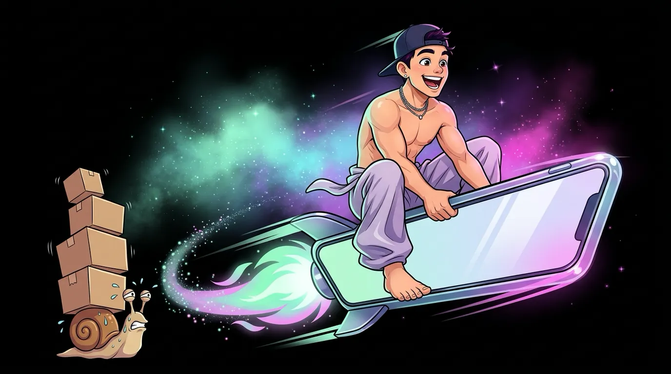 Cartoon of Max, the MaxxxSites mascot, riding a rocket powered phone past a snail weighed down by a stack of boxes